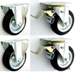 Gumuotų 125 mm diametro ratukų komplektas (2 fiksuoti ir 2 pasukami su stabdžiu) (240 kg)