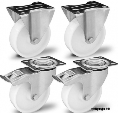 Poliamidinių 80 mm diametro ratukų komplektas su nerūdijančio plieno kronšteinais (2 fiksuoti ir 2 pasukami su stabdžiais) (240 kg)