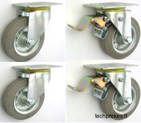 Gumuotų 125 mm diametro ratukų (pilkos spalvos) komplektas (2 pasukami ir 2 pasukami su stabdžiu) (240 kg)