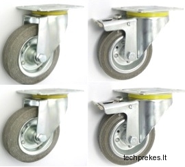 Gumuotų 100 mm diametro ratukų (pilkos spalvos) komplektas (2 pasukami ir 2 pasukami su stabdžiu) (210 kg)