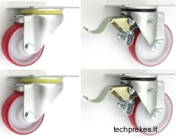 Poliamidinių, padengtų poliuretaniniu sluoksniu 160 mm diametro ratukų komplektas (2 pasukami ir 2 pasukami su stabdžiais) (600 kg)