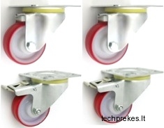 Poliamidinių, padengtų poliuretaniniu sluoksniu 100 mm diametro ratukų komplektas (2 pasukami ir 2 pasukami su stabdžiais) (300 kg)