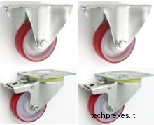 Poliamidinių, padengtų poliuretaniniu sluoksniu 100 mm diametro ratukų komplektas (2 fiksuoti ir 2 pasukami su stabdžiais) (300 kg)