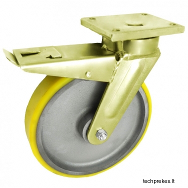 Ketaus ratukas 250x50 mm padengtas poliuretanu ir pasukamu kronšteinu ir stabdžiu (1000 kg)