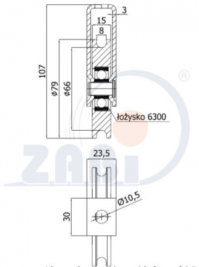 79 mm diametro metalinis ratukas su guoliu ir fiksuotu kronšteinu (8 mm trosui)