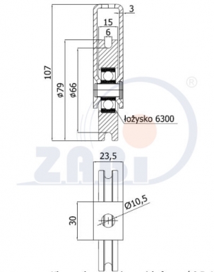 79 mm diametro metalinis ratukas su guoliu ir fiksuotu kronšteinu (6 mm trosui)