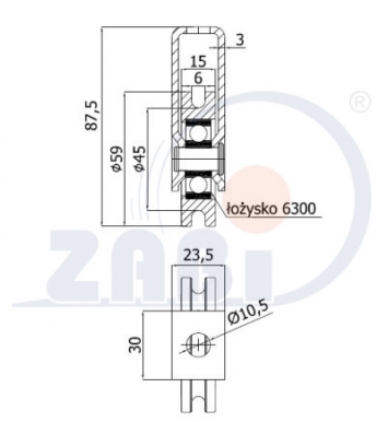59 mm diametro metalinis ratukas su guoliu ir fiksuotu kronšteinu (6 mm trosui)