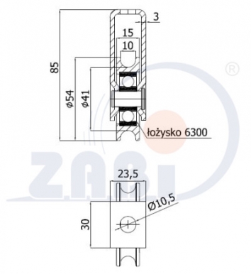 54 mm diametro metalinis ratukas su guoliu ir fiksuotu kronšteinu (10 mm trosui)