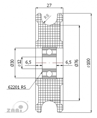 100 mm diametro plastikinis ratukas su guoliu (16 mm trosui)