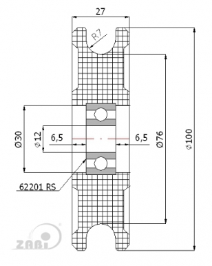 100 mm diametro plastikinis ratukas su guoliu (14 mm trosui)