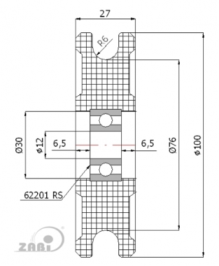 100 mm diametro plastikinis ratukas su guoliu (12 mm trosui)