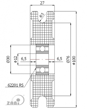 100 mm diametro plastikinis ratukas su guoliu (10 mm trosui)