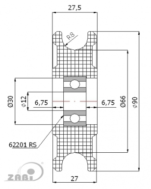 90 mm diametro plastikinis ratukas su guoliu (16 mm trosui)
