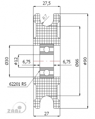 90 mm diametro plastikinis ratukas su guoliu (14 mm trosui)