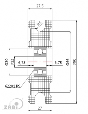 90 mm diametro plastikinis ratukas su guoliu (10 mm trosui)