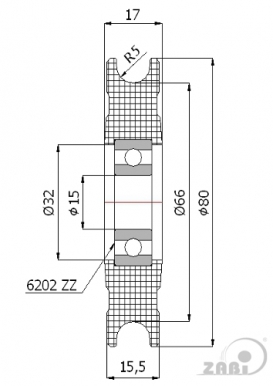 80 mm diametro plastikinis ratukas su guoliu (10 mm trosui)