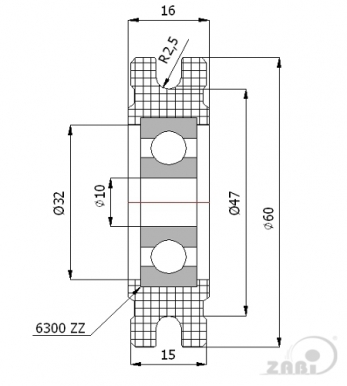 60 mm diametro plastikinis ratukas su guoliu (5 mm trosui)