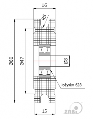 60 mm diametro plastikinis ratukas su guoliu (10 mm trosui)