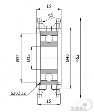 52 mm diametro plastikinis ratukas su guoliu (10 mm trosui)