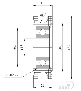 52 mm diametro plastikinis ratukas su guoliu (8 mm trosui)
