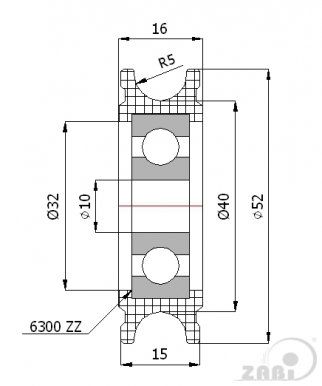 52 mm diametro plastikinis ratukas su guoliu (10 mm trosui)