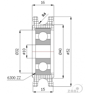 52 mm diametro plastikinis ratukas su guoliu (8 mm trosui)