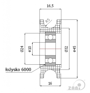 45 mm diametro plastikinis ratukas su guoliu (10 mm trosui)