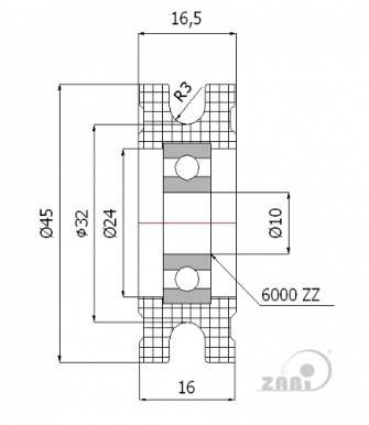 45 mm diametro plastikinis ratukas su guoliu (6 mm trosui)