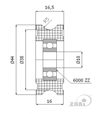 44 mm diametro plastikinis ratukas su guoliu (10 mm trosui)