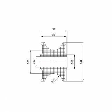 Plastikinis profiliuotas 44 mm diametro ratukas be guolio (20 mm trosui)