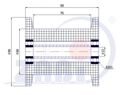 Plastikinis profiliuotas 90 mm diametro ratukas su 2 guoliais (išpjovimo plotis 75 mm)