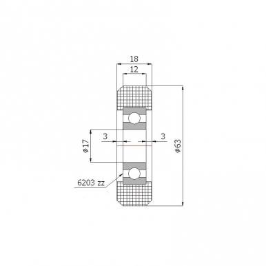 Plastikinis 62 mm diametro ratukas su guoliu (17 mm ašis)
