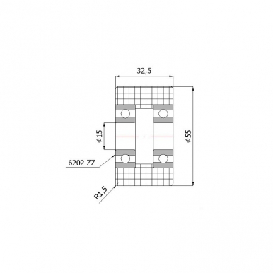 Plastikinis 55 mm diametro ratukas su dviems guoliais (15 mm ašis)