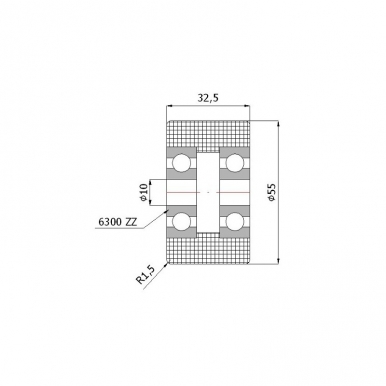 Plastikinis 55 mm diametro ratukas su dviems guoliais (10 mm ašis)