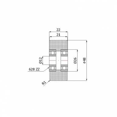 Plastikinis 48 mm diametro ratukas su dviems guoliais (12 mm ašis)