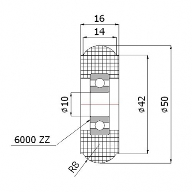 Plastikinis 50 mm diametro ratukas, tinkantis segmentiniams vartams (16mm pločio)