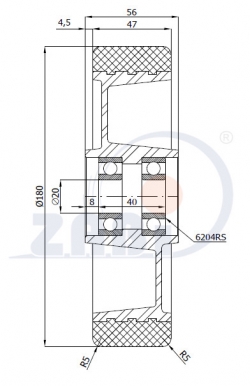 Aliumininis 180x47 mm ratukas padengtas poliuretanu (450 kg)