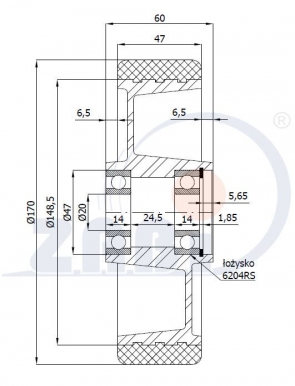 Aliumininis 170x47 mm ratukas padengtas poliuretanu (400 kg)