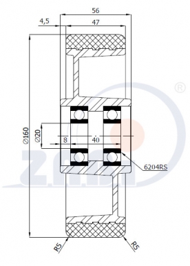 Aliumininis 160x47 mm ratukas padengtas poliuretanu (400 kg)