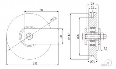 Ø117 mm ratukas su tvirtinimu bėginiams vartams, skirtas kampiniam profiliui	