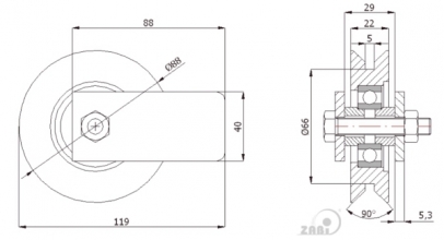 Ø89 mm ratukas su tvirtinimu bėginiams vartams, skirtas kampiniam profiliui