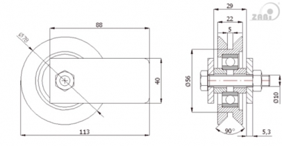 Ø79 mm ratukas su tvirtinimu bėginiams vartams, skirtas kampiniam profiliui