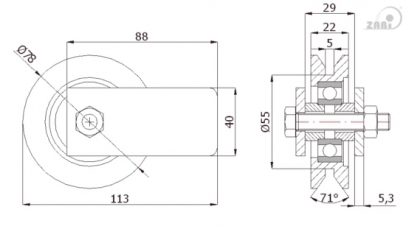 Ø79 mm ratukas su tvirtinimu bėginiams vartams, skirtas tėjiniam profiliui