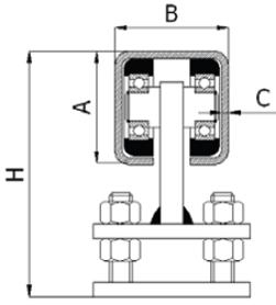 Fiksuotas vežimėlis su aukščio reguliavimu 80x80 mm profiliui (500 kg)